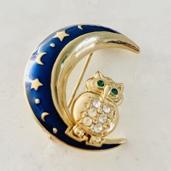 Genuine Vintage 1950s Gold Plated Enamel Owl Brooch, 2 of 9