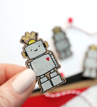 Cute Robot Wooden Pin Badge, 6 of 7