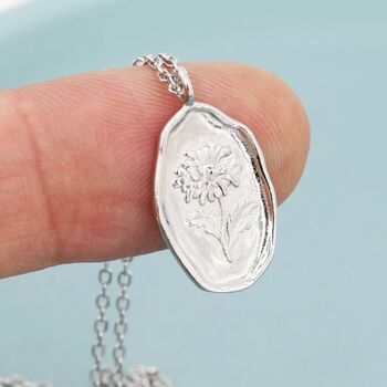 Chrysanthemum Flower Oval Necklace In Sterling Silver, 5 of 10