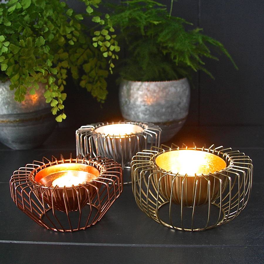 Three Wire Tealight Holders In Gold Copper And Steel By London Garden
