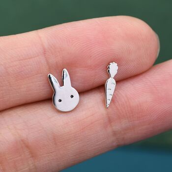 Mismatched Rabbit And Carrot Stud Earrings In Sterling Silver, 2 of 8