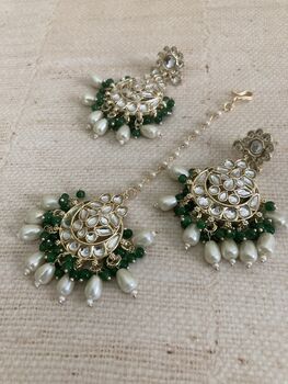 Emerald Green Gold Plated Kundan Earrings And Tikka Set, 6 of 8