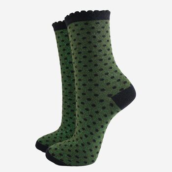 Women's Glitter Socks Khaki Black Small Polka Dots, 2 of 5