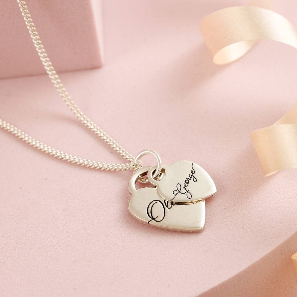 Heart Tags Script Name Silver Necklace, 1 of 8