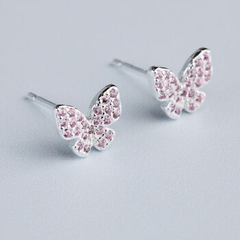 Sterling Silver Pink Sparkly Butterfly Stud Earrings, 2 of 5