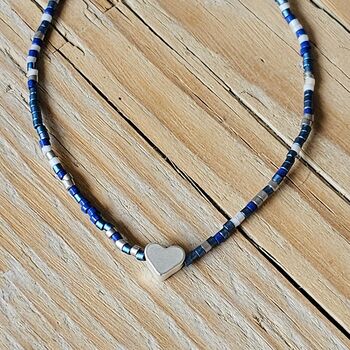 Seed Bead Bracelet In Dark Blue With Heart Charm, 2 of 3