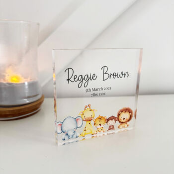 Personalised Safari Animal Acrylic Keepsake Block New Baby, 5 of 6