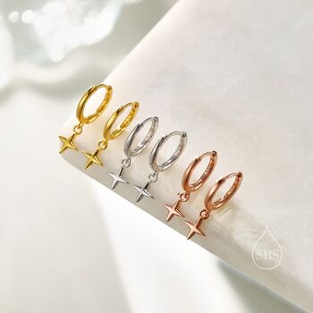 Sterling Silver Tiny Four Point Star Huggie Hoop Earrings, 2 of 11