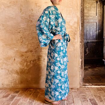 Long Kimono In Prussian Blue Botanic Floral, 2 of 6