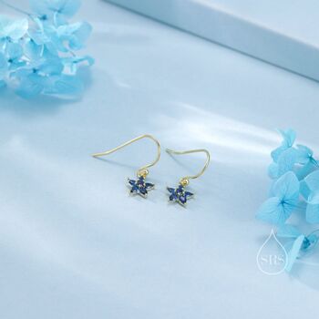 Sterling Silver Sapphire Blue Cz Flower Drop Dangle Earrings, 3 of 11