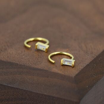 Vertical Baguette Cut Cz Huggie Hoop Earrings In Sterling Silver, 5 of 11