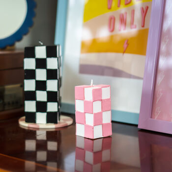 Chunky Pillar Candle In Pink Check, 2 of 5