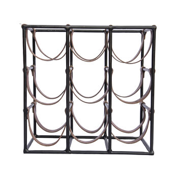 Square Leather And Metal Nine Bottle Sling Wine Rack, 2 of 8