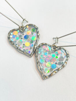 Disco Heart Earrings With Silver Sparkles, 3 of 12
