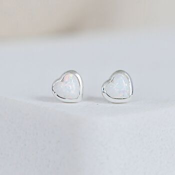 Sterling Silver White Opal Heart Stud Earrings, 2 of 9