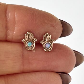 Lucky Fatima Hand Opal Stud Earrings, 2 of 2