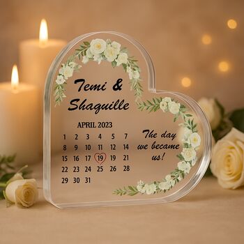 Personalised Wedding Calendar Acrylic Heart Plaque With Name, 8 of 12