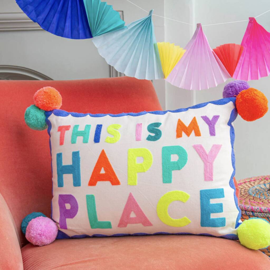 This Is My Happy Place Embroidered Pom Pom Cushion, 1 of 3