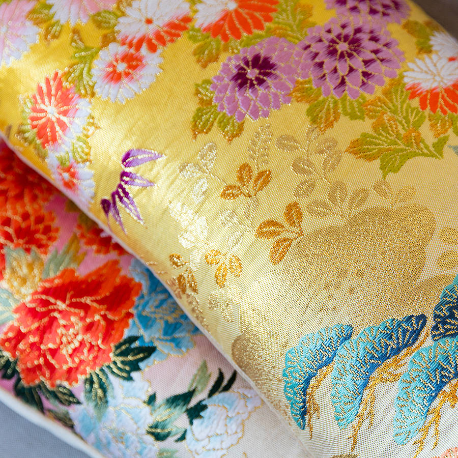 yellow silk bolster cushion upcycled kimono by hunted and stuffed