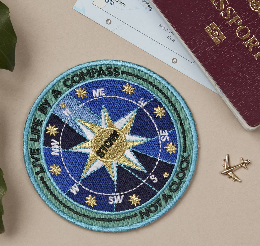 embroidered stick on travel patch compass message by stow