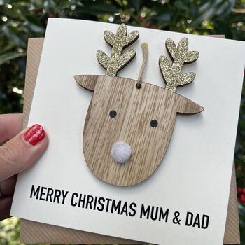 Mum And Dad Hanging Reindeer Decoration Christmas Card, 3 of 3