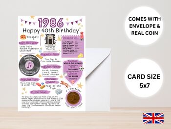 40th Birthday Card With 1986 Coin And Envelope Choose Your Colour, 3 of 3