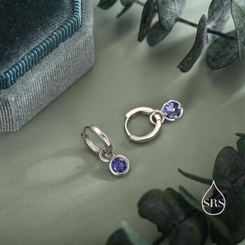 Sterling Silver December Birthstone Tanzanite Blue Crystal Drop Hoop Earrings, 3 of 11
