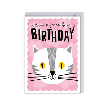 Kids Birthday Card – Have A Purr Fect Birthday, Cute White Cat On Pink, Children’s Greeting Card, 2 of 2