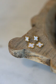 White Twin Clover Earring In 18 K Gold Plate, 3 of 4