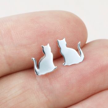 Sterling Silver Shiny Cat Stud Earrings, 3 of 4