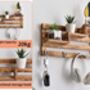 Three Tier Wall Mounted Wood Display Shelf With Hooks, thumbnail 3 of 6