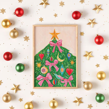 ‘Christmas Tree’ Art Print – Festive Decor In Pink And Green, 2 of 8