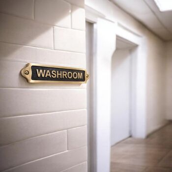 Classic Brass Washroom Door Plaque With Black Finish, 3 of 5
