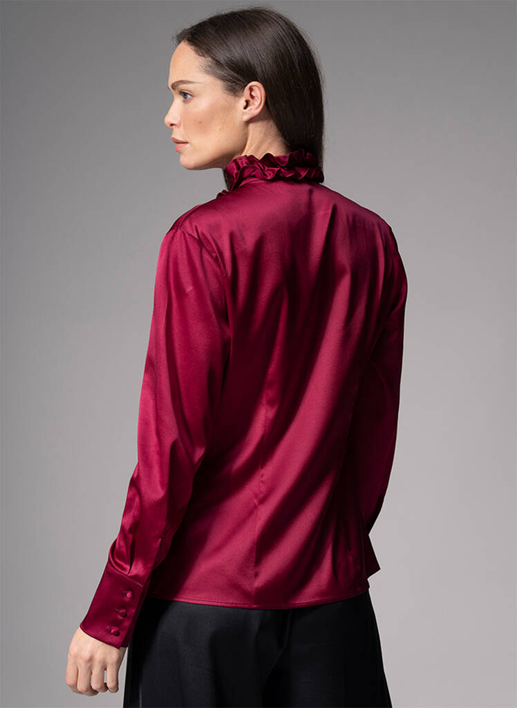 Constance Burgundy Ruffle Silk Satin Evening Blouse By The Shirt Company