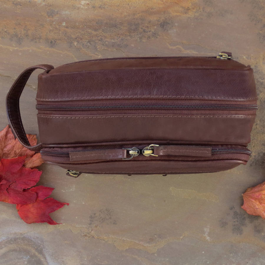 mens brown leather wash bag