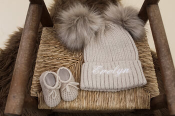 Personalised Grey Double Pom Pom Winter Hat And Booties, 8 of 9