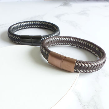 Mens Woven Leather Steel Bracelet, 3 of 6