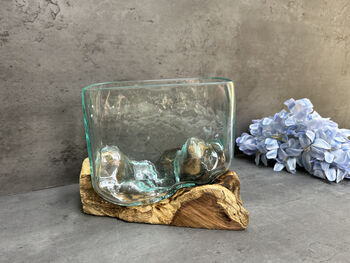 16cm Molten Glass Square Bowl On Teak Root Base, 12 of 12