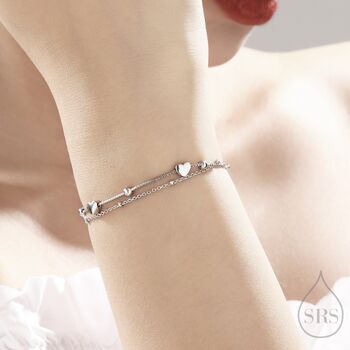 Double Layer Heart Charm Bracelet In Sterling Silver, 2 of 8