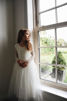 Long Sleeve Flower Girl Dress – Pearl Buttons And Tulle Skirt Ankle Length, Handmade UK, 5 of 8
