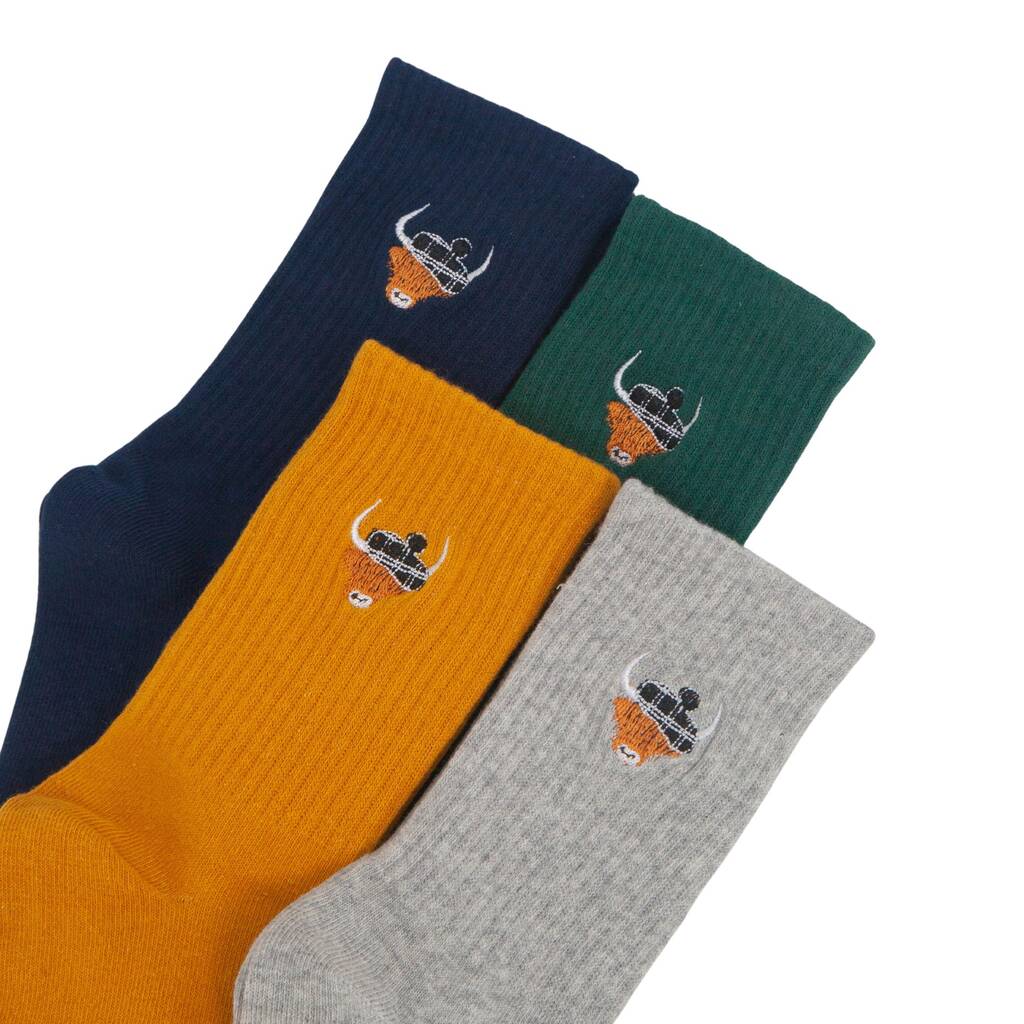 Men's Highland Cow Tartan Embroidered Cotton Socks Four Pack, 1 of 7