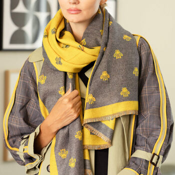 Bee Repeat Pattern Cashmere Blend Woven Jacquard Scarf, 5 of 9