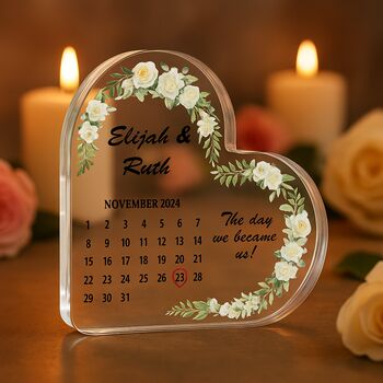 Personalised Wedding Calendar Acrylic Heart Plaque With Name, 6 of 12