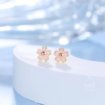 Enamel Cherry Blossom Stud Earrings Sterling Silver, 5 of 10