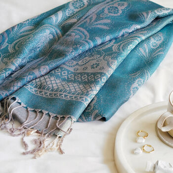 Turquoise Vintage Lace And Paisley Tassel Pashmina, 2 of 7