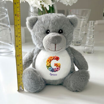 Personalised Flower Alphabet Grey New Baby Teddy Bear, 4 of 6