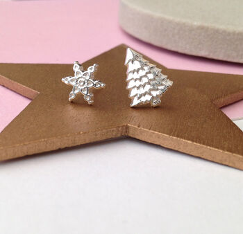 Sterling Silver Christmas Tree And Snowflake Mismatched Earrings, 5 of 7