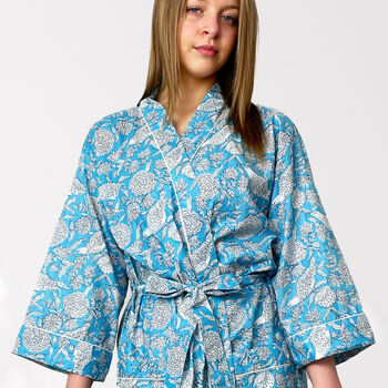 Blue Bird And Flower Print Cotton Dressing Gown Kimono, 5 of 8