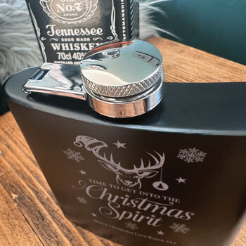 Personalised Christmas Stag Engraved Black Metal Hip Flask 6oz, 3 of 7