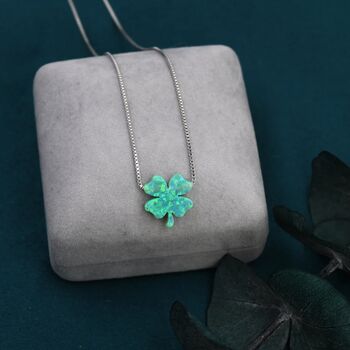 Green Opal Lucky Four Leaf Clover Shamrock Necklace, 3 of 9